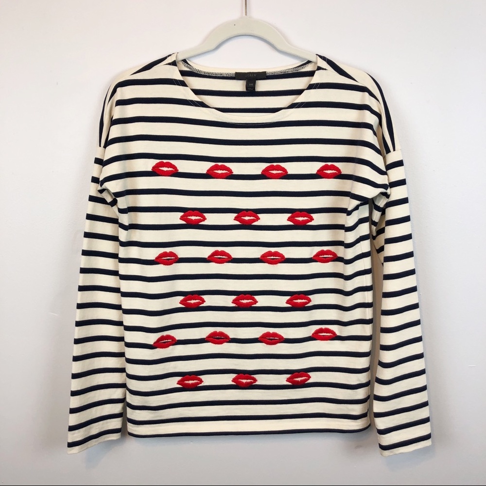 J. Crew Embroidered Lips Top Stripe Cream Blue XXS